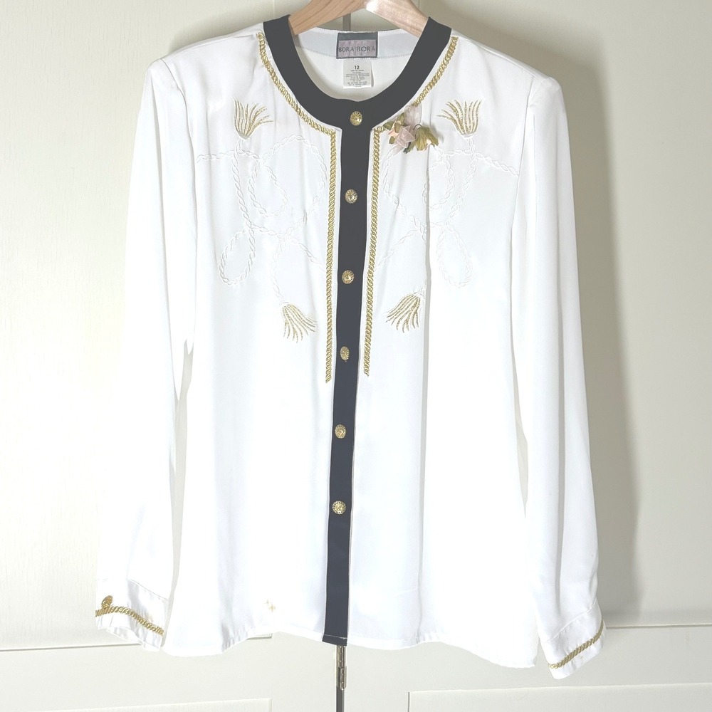 Vintage Bora Bora Blouse Womens 12 White Gold Embroidery Nautical Regencycore
